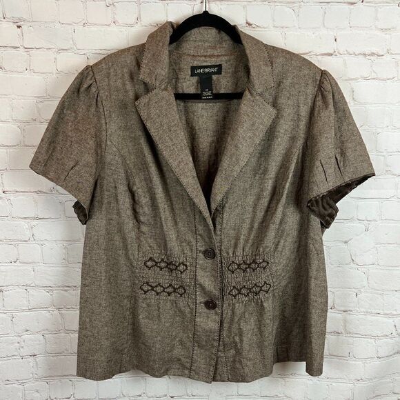 LANE BRYANT beige brown embroidered collared top blouse shirt short sleeve 26 - Picture 1 of 6